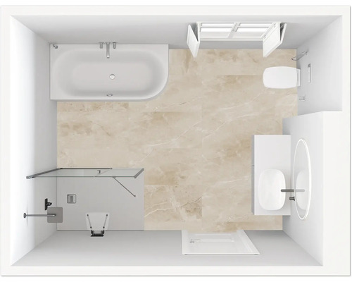 Draufsicht eines Badezimmers mit Badewanne, Dusche, Toilette und Waschbecken