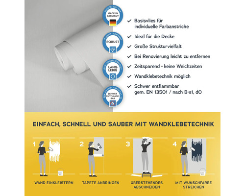Rolle Vliestapete mit Hinweisen zu Eigenschaften und Verarbeitung