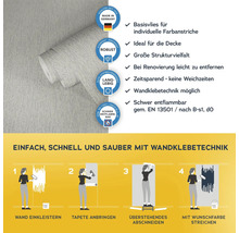 Rolle einer Vliestapete mit Produkteigenschaften und Verarbeitungshinweisen