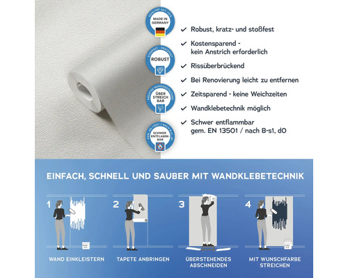 Weisse Tapetenrolle mit Anwendungsanleitung und Qualitätsmerkmalen