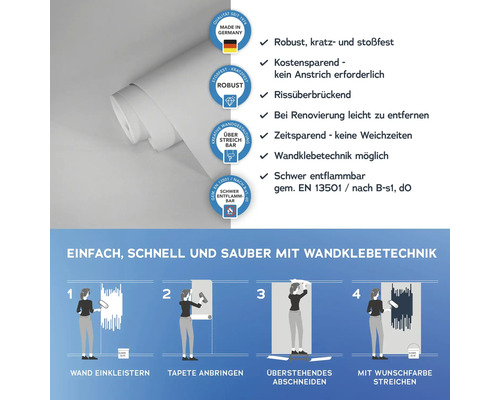 Informationen zur Wandklebetechnik und zu den Eigenschaften der Tapete: robust, kratzfest, stoßfest, rissüberbrückend, schwer entflammbar gemäß EN 13501