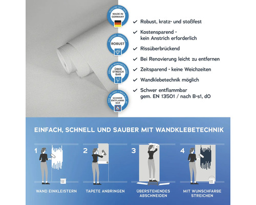 Tapete mit Anwendungsanleitung und Produkteigenschaften