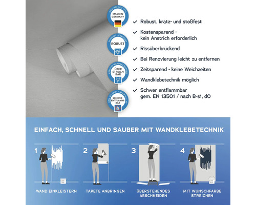 Tapete mit Wandklebetechnik, robust, kratzfest, stoßfest, rissüberbrückend und schwer entflammbar gemäß EN 13501