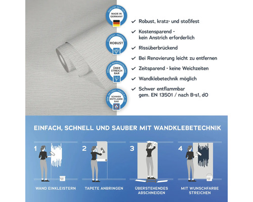 Tapetenrolle mit Informationen zu Eigenschaften und Verarbeitung, hergestellt in Deutschland