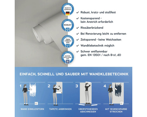 Tapete mit Produkteigenschaften und Anwendungsanleitung für Wandklebetechnik