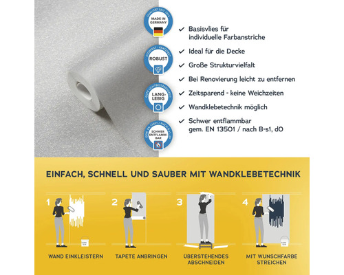 Rolle Struktur-Tapete mit Hinweisen zur Verarbeitung und Eigenschaften wie schwer entflammbar und Wandklebetechnik geeignet