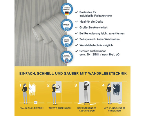 Tapetenrolle mit Qualitätsmerkmalen und Verarbeitungshinweisen zur Wandklebetechnik