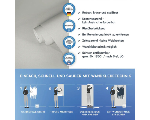 Tapete mit Hinweisen zu Eigenschaften und Verarbeitung mit Wandklebetechnik