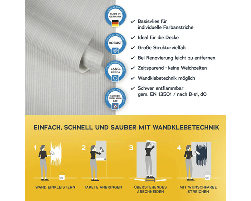 Vliestapete mit Anwendungsanleitung und Produkteigenschaften wie Robustheit und Schwerentflammbarkeit