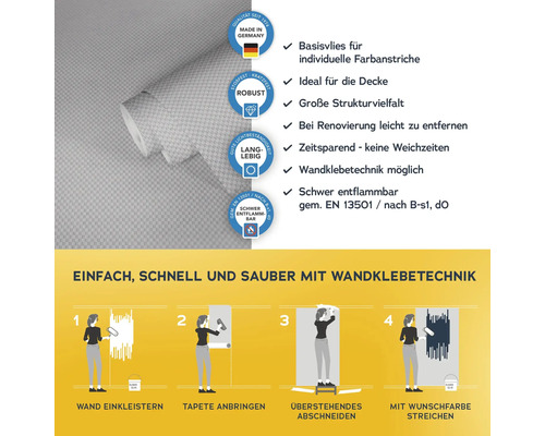 Rolle Vliestapete mit Hinweisen zu Produkteigenschaften und Verarbeitung