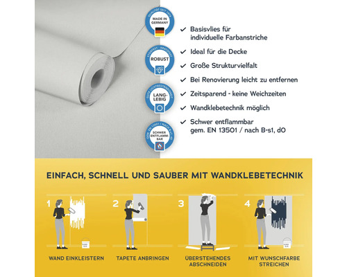 Rolle Vliestapete mit Anwendungsanleitung: Basisvlies für Farbanstriche, ideal für die Decke, große Strukturvielfalt, leicht zu entfernen, zeitsparend, Wandklebetechnik möglich, schwer entflammbar nach EN 13501.