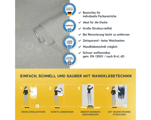 Vliestapete mit Kreis Muster und Informationen zur Verarbeitung