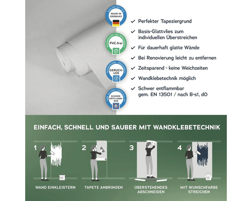 Tapetenrolle mit Informationen zu Produkteigenschaften und Verarbeitungshinweisen
