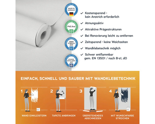 Rolle einer weissen, überstreichbaren Vliestapete mit Hinweisen zu Produkteigenschaften und Verarbeitung.