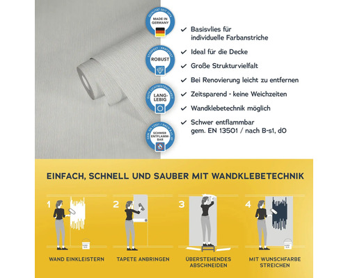 Rolle Vliestapete mit Produkteigenschaften und Anbringungshinweisen