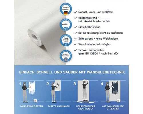 Rolle überstreichbare Vliestapete mit Anwendungsanleitung und Produkteigenschaften