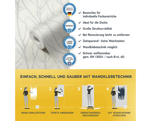Tapete mit Baummuster und Anwendungsanleitung für Wandklebetechnik