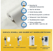 Rolle einer weißen Vliestapete mit Strukturmuster und Informationen zu Produkteigenschaften und Anwendungshinweisen