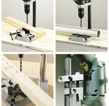 Différentes vues d''une perceuse avec support de perçage travaillant le bois et le métal.