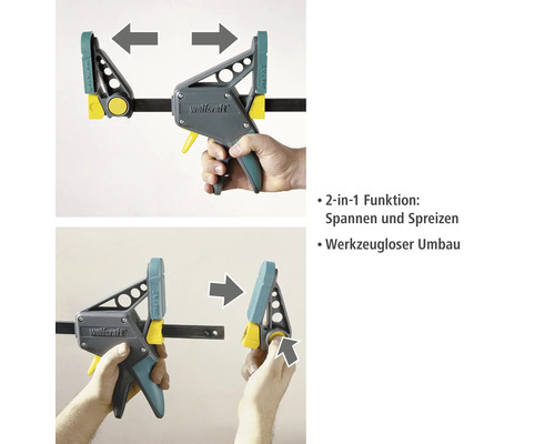 Wolfcraft Einhandzwinge mit Spann- und Spreizfunktion im Einsatz