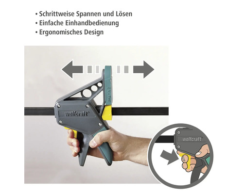 Wolfcraft Einhandzwinge im Einsatz mit Bedienungsanleitung
