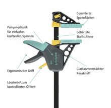 Serre-joint une main Wolfcraft avec surfaces de serrage caoutchoutées, rail en acier trempé et plastique renforcé de fibres de verre