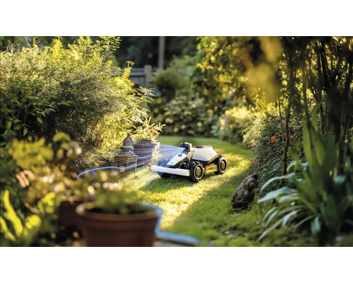 Rasenmähroboter im Einsatz in einem grünen Garten