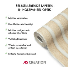 Papier peint autocollant aspect lambris sur rouleau avec les caractéristiques du produit et le logo AS Creation