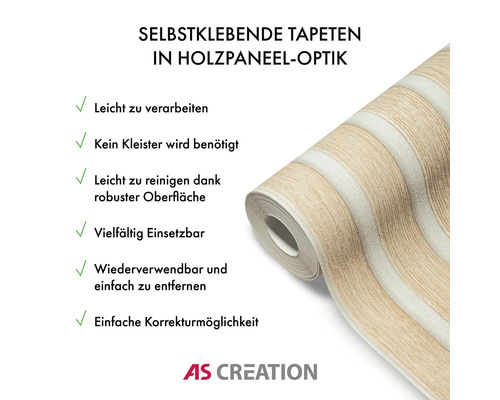 Papier peint autocollant aspect lambris sur rouleau avec les caractéristiques du produit et le logo AS Creation