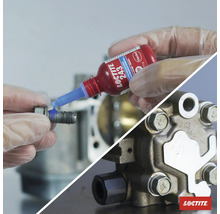 "Loctite Schraubensicherung wird auf eine Schraube aufgetragen, im Hintergrund eine Maschine