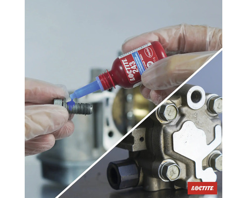 "Frein filet Loctite appliqué sur une vis, une machine en arrière-plan 