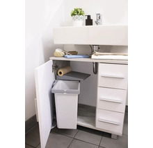 Meuble sous-lavabo avec compartiment poubelle ouvert et tiroirs