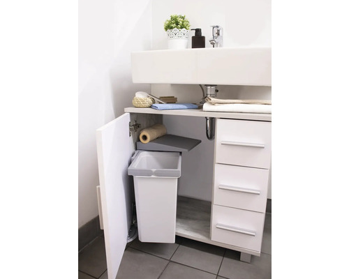 Meuble sous-lavabo avec compartiment poubelle ouvert et tiroirs