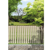 Scène de jardin avec clôture imitation bois et parterre de gravier