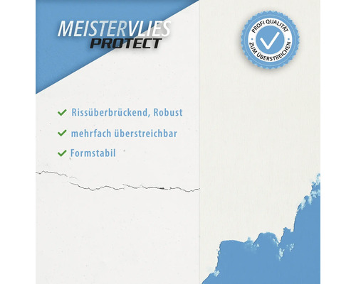 Meistervlies Protect mit Eigenschaften wie Rissüberbrückung, Robustheit, mehrfache Überstreichbarkeit und Formstabilität