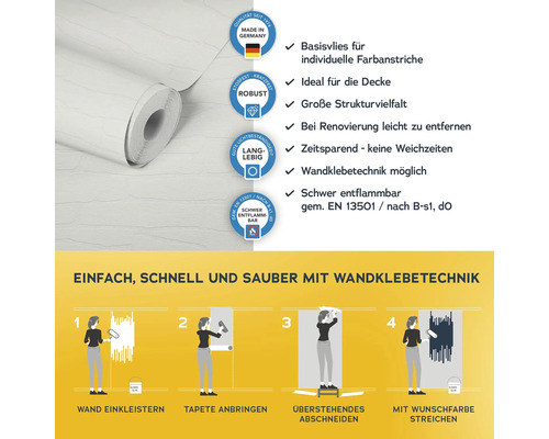 Vliestapete Rolle mit Produkteigenschaften und Anbringungsanleitung