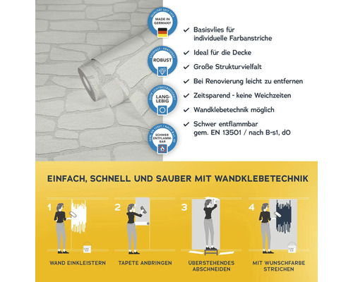 Vliestapete mit Steinmuster, Informationen zur Anbringung und Eigenschaften