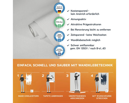 Tapete mit Produkteigenschaften und Anwendungsanleitung