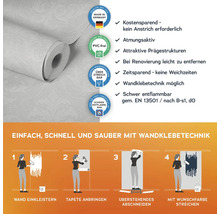 Tapetenrolle mit dem Hinweis Wandklebetechnik, Made in Germany, PVC-frei, schwer entflammbar und Anwendungsbeispiele
