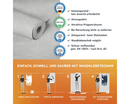 Tapetenrolle mit dem Hinweis Wandklebetechnik, Made in Germany, PVC-frei, schwer entflammbar und Anwendungsbeispiele