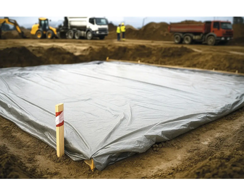 Bâche de chantier recouvrant une fouille sur un chantier
