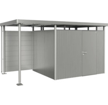 Abri de jardin métallique avec porte et espace ouvert pour ranger les outils de jardin