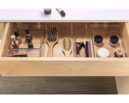 Tiroir avec boîtes de rangement transparentes pour cosmétiques et brosses