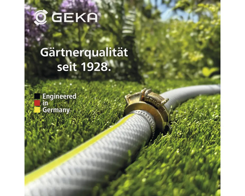 Gartenschlauch auf Rasen mit dem Qualitätsversprechen seit 1928 und dem Hinweis Engineered in Germany
