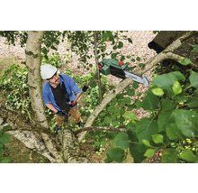 Homme portant un casque et un équipement de sécurité, utilisant une tronçonneuse d'élagage Bosch dans un arbre.