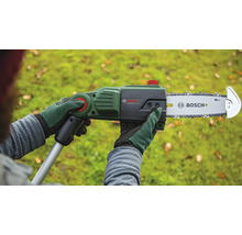 Une personne tient une tronçonneuse à batterie UniversalChainPole 18 de Bosch dans sa main.
