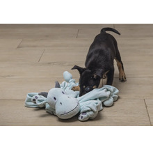 Un chiot joue avec une peluche sur le sol.