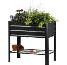 Hochbeet mit Pflanzen, Ablagefläche, Pflanzgefäßen und Gartengeräten.