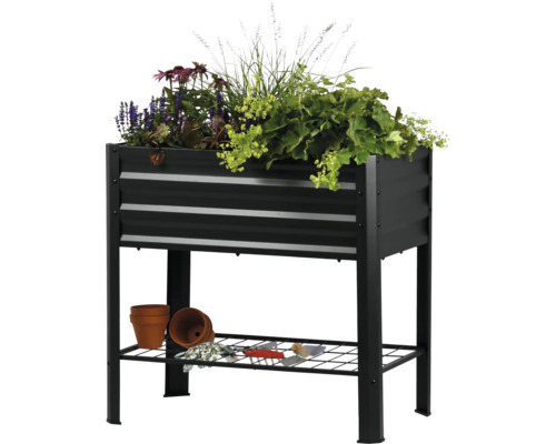 Hochbeet mit Pflanzen, Ablagefläche, Pflanzgefäßen und Gartengeräten.