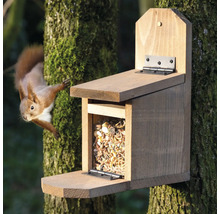 Mangeoire en bois pour écureuils avec nourriture et un écureuil sur un arbre